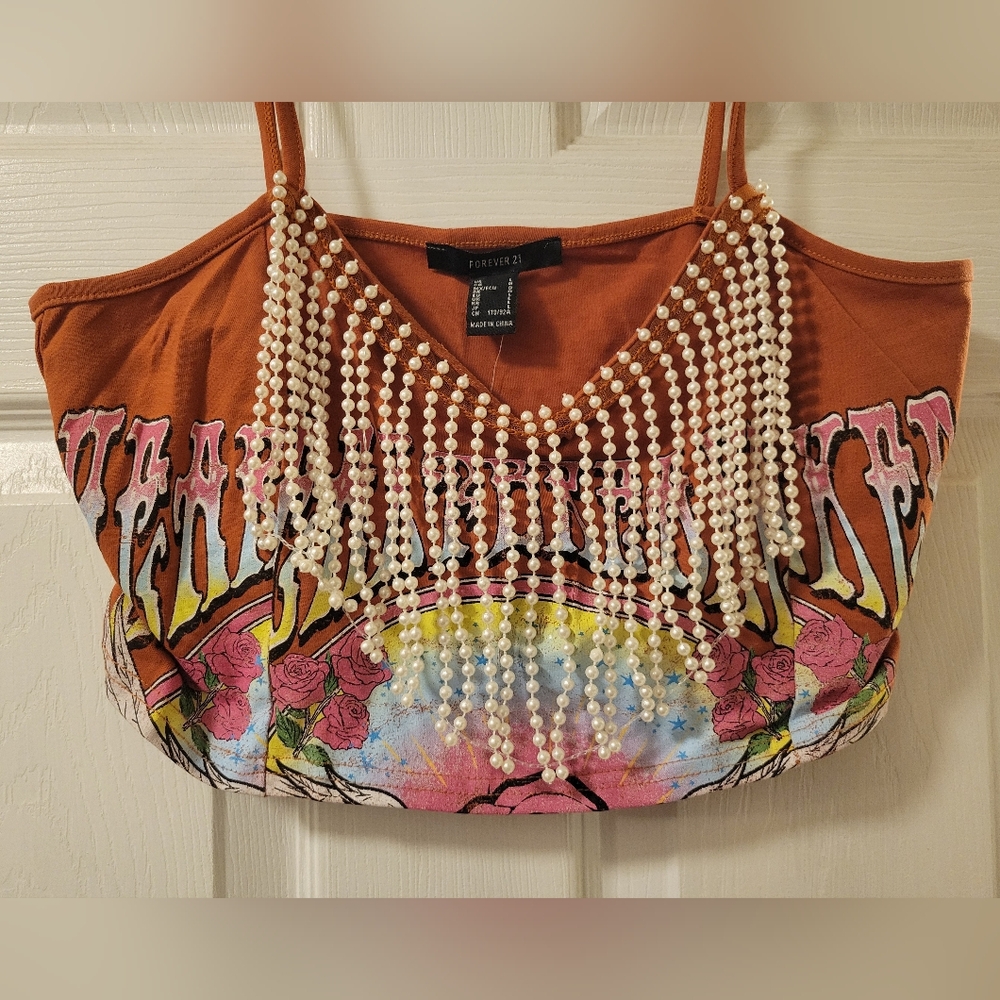 Forever 21 Rust Floral Graphic Pearl Fringe Crop Tank Top NWT Large